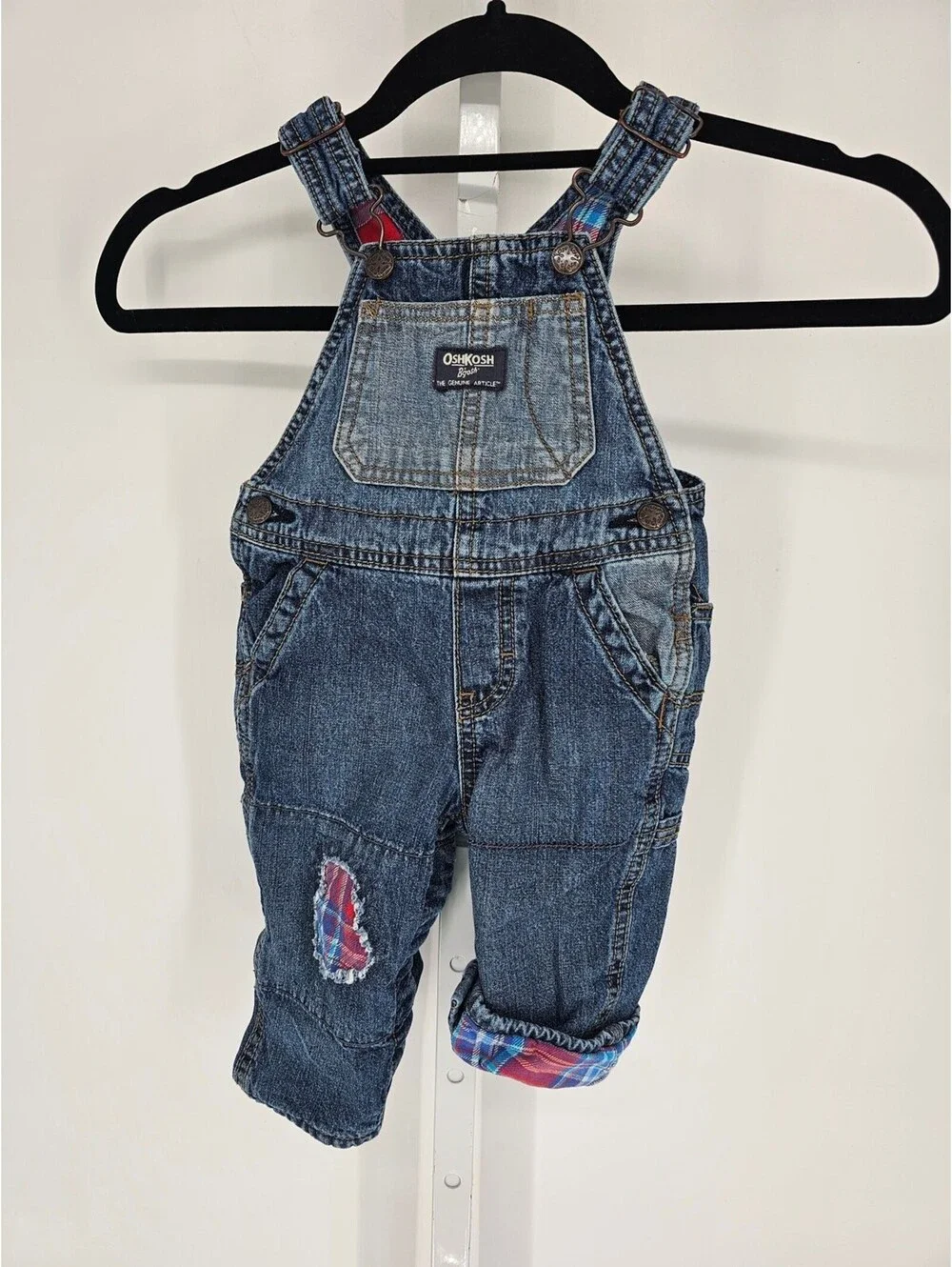OshKosh B'gosh | Medium Wash Flannel Lined Overalls Plaid Knee Patch 12 MOS